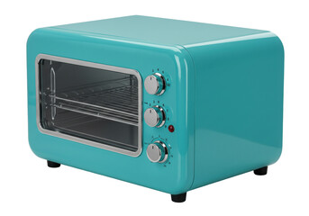 Isolated turquoise toaster oven, retro style appliance for cooking and baking meals