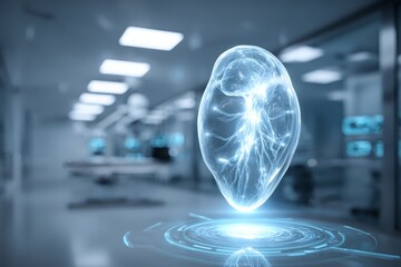A futuristic, digital representation of a human brain with glowing connections, surrounded by modern technology and medical equipment in an advanced operating room.