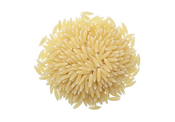 Isolated heap of uncooked orzo pasta, a small, rice-shaped pasta, for cooking meals