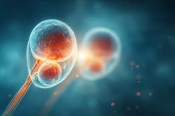 Close-up of cells, stem cells dividing, cell structure, the beginning of life, medical science, research in a laboratory, human cells and biology, genetic, gene therapy.