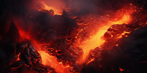 Flowing molten lava and cooled black magma. Abstract volcanic background
