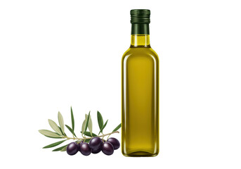 Isolated olive oil bottle with olives and leaf sprig, olive oil product close-up, studio shot