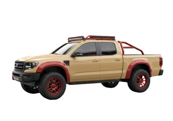 Isolated modified pickup truck, tan with red trim, rugged and tough, ideal for adventure