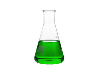 Isolated Erlenmeyer flask filled with green liquid for chemistry, science, lab experiment