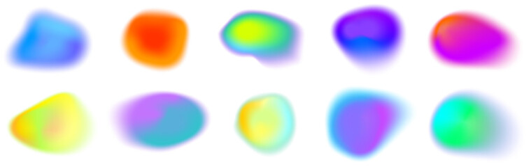 Abstract glowing luminous blur blobs in neon colors. Round gradient shapes in blue, yellow, and green tones on white vector background.