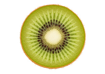 Isolated cross-section of a kiwi fruit, highlighting its vibrant green pulp and distinctive seed pattern