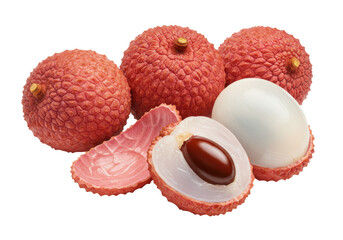 Isolated vibrant still life of fresh lychee fruits with one cut open to reveal the seed
