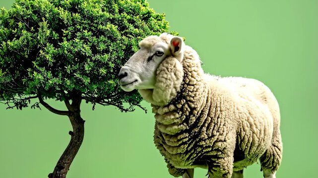 A solitary sheep stands proudly beside a small lush tree on a solid green background.