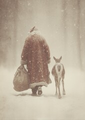 Santa and his reindeer traveling through the snow in a magical winter landscape. Perfect for Christmas illustrations, festive scenes, and holiday designs.