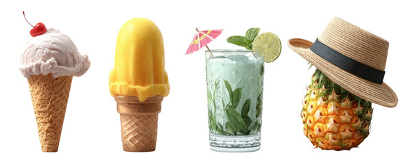Ice Cream and Refreshing Drinks Arrangement on Transparent Background