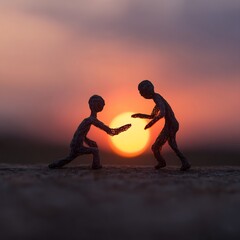 Paper figures linked sunset authentic teaching moment realistic human expressions natural soft lighting shallow DOF cinematic tones photorealistic DSLR photo with 85mm lens professional candid style