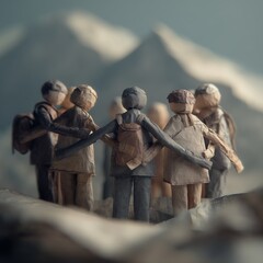 Paper people united mountains authentic teaching moment realistic human expressions natural soft lighting shallow DOF cinematic tones photorealistic DSLR photo with 85mm lens professional candid style
