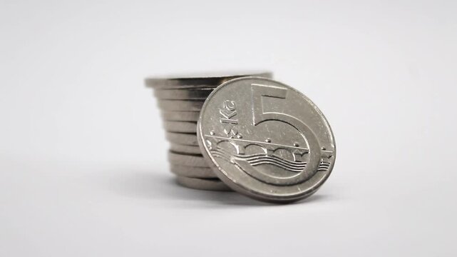 Stack of 5 Czech crowns coins isolated on a white background. Five or 5 Czech crown coin