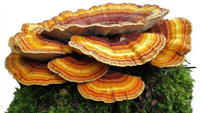 Colorful Turkey Tail Mushrooms Growing on Mossy Log.