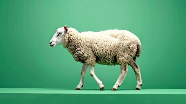 A single white woolly sheep walking against a solid green background.