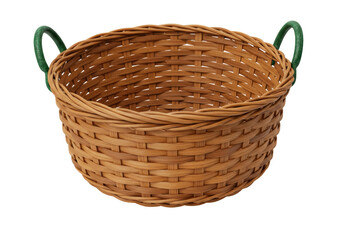 Isolated woven round basket with green handles, rustic craft container for organizing items