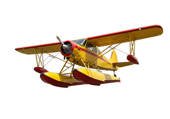 Isolated yellow-red seaplane airplane for aerial transportation, private float plane service