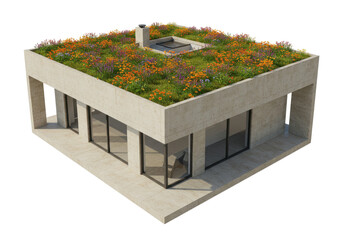Isolated modern building with green roof, concrete design, innovative and sustainable home