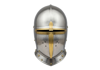 Isolated medieval helmet with cross shape, head protection for historical reenactment