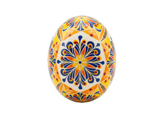 Isolated elaborately decorated Easter egg with floral pattern in blue, orange and yellow