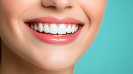 Fototapeta premium Woman with a bright smile showcasing perfect white teeth in a studio setting portrait photography vibrant atmosphere