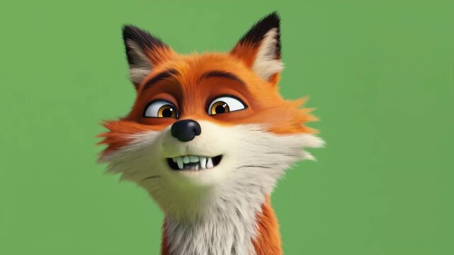 Animated fox character smiling against green background  