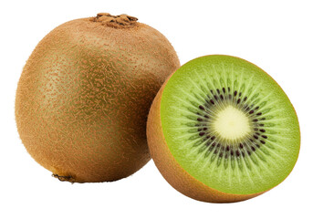 Isolated still life of two kiwi fruits, one whole and one sliced, showing juicy green flesh