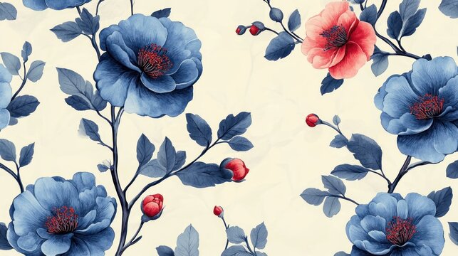 Floral seamless pattern of blue and red camellias