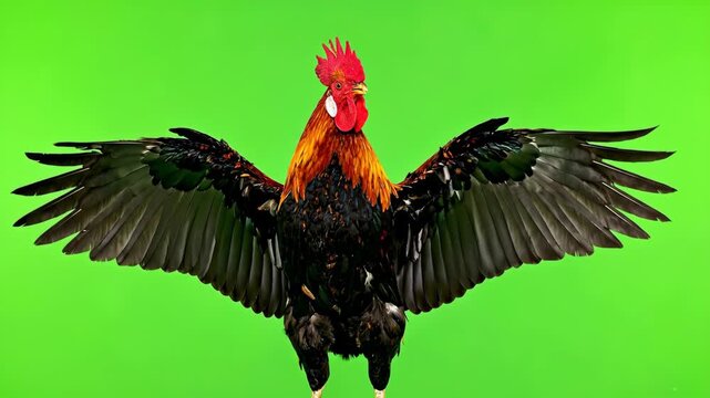 Majestic Rooster Spreading Its Wings on a Green Screen.