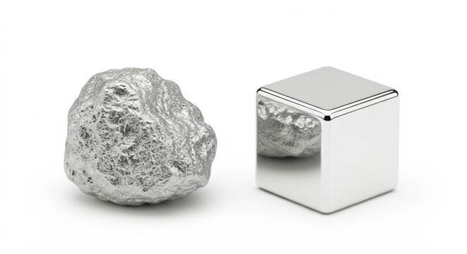 Argentite ore and refined silver metal cube