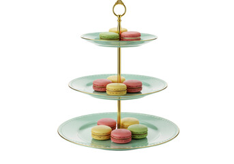Isolated tiered plate with macarons sweets, pastel colors, fancy dessert, confectionary