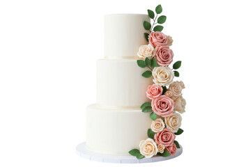 Isolated tiered wedding cake, decorated with peach and ivory sugar roses, no background