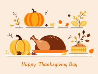 Thanksgiving Day illustration with turkey, pumpkins, and pie.