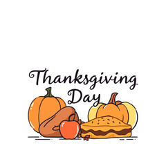 Thanksgiving Day illustration with pumpkins, turkey, apple, and pie.