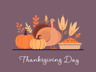 Thanksgiving Day illustration with turkey, pumpkins, corn, and pie on a purple background.
