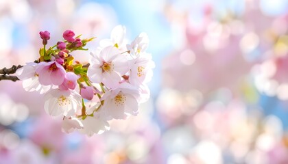 Close-up of beautiful cherry blossoms with a soft, bokeh background in spring.