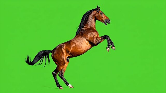 Elegant Brown Horse Trotting Rearing and Galloping on Green Screen.