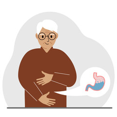 The concept of a healthy stomach. The old man holds her stomach with both hands. A healthy stomach or proper digestion.