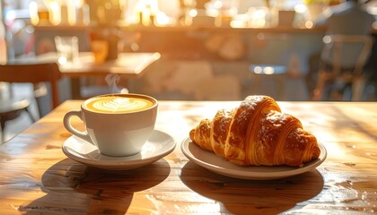 A cozy cafe breakfast with a croissant and cappuccino, bathed in warm sunlight.