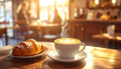A cozy cafe breakfast with a croissant and cappuccino, bathed in warm sunlight.