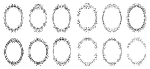 Collection of ornate vintage oval frames and decorative borders with rococo and baroque elements on white background.