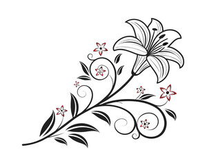 Black and Red Lily Flower Decorative Ornament Vector: Floral Scrollwork