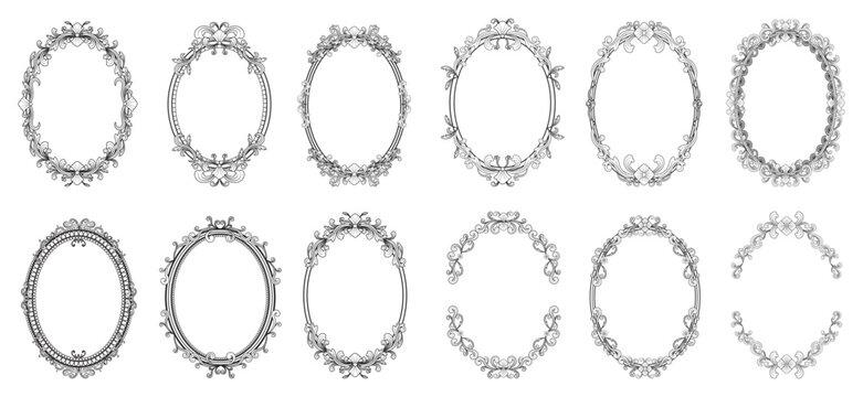 Collection of ornate vintage oval frames and decorative borders with rococo and baroque elements on white background. - Powered by Adobe