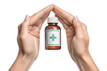 Hands pouring medicine from a blank white pill bottle into an open palm. Pharmaceutical supplement concept isolated on transparent background, PNG.