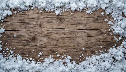 Snow-covered wood texture, thin layer of tiny flakes, detailed macro shot, top view, neutral color background for banner or mockup.