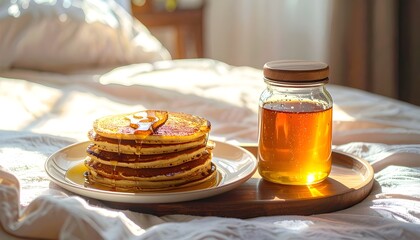 A cozy morning with a stack of golden pancakes and a jar of sweet honey on a bed.