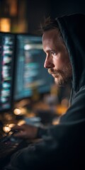 Mature programmer coding dual monitor authentic teaching moment realistic human expression natural soft lighting shallow DOF cinematic tone photorealistic DSLR photo 85mm lens professional candid