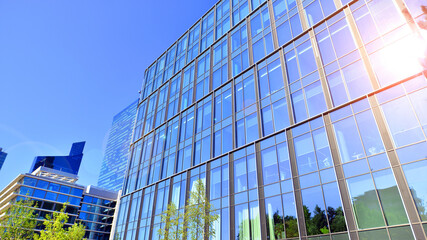 Modern luxury office building.The structure features a glass and concrete walls, showcasing contemporary architecture. The green surroundings of office buildings. Trees and shrubs in the city.