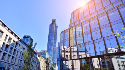 Fototapeta premium Modern luxury office building.The structure features a glass and concrete walls, showcasing contemporary architecture. The green surroundings of office buildings. Trees and shrubs in the city.