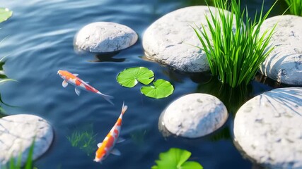 A serene water garden with koi fish, lily pads, rocks, and vibrant green reeds - Powered by Adobe